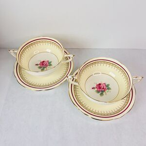 VTG Paragon Floating Pink Gold Cabbage Rose Bouillon Soup & Saucer Set Numbered